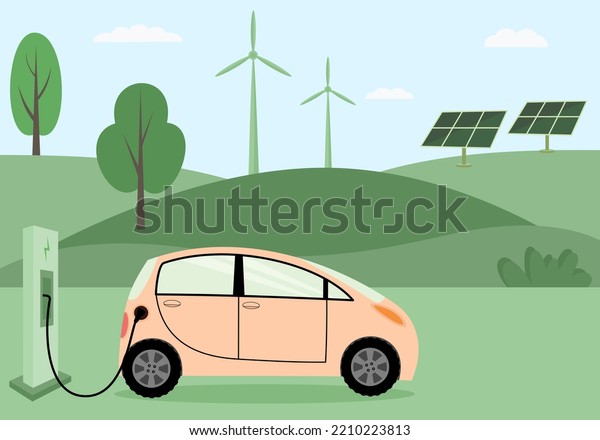 Electric charging car. Renewable
energy wind turbines and solar panels. Vector
illustration.