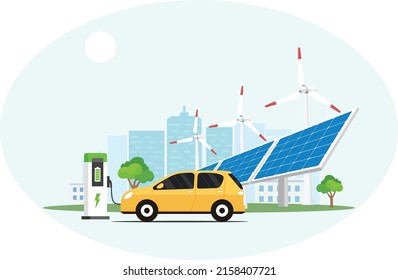 
Electric charging machine. Renewable energy wind turbines and solar panels smart cityscape in the background. Concept isolated vector illustration.