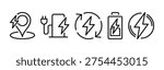 Electric charging patterns and shapes set, line art energy and power, including battery level, wireless charging, plug socket, electric car, energy efficiency vector illustration on white background.
