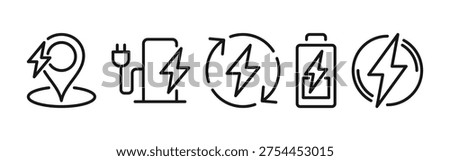 Electric charging patterns and shapes set, line art energy and power, including battery level, wireless charging, plug socket, electric car, energy efficiency vector illustration on white background.
