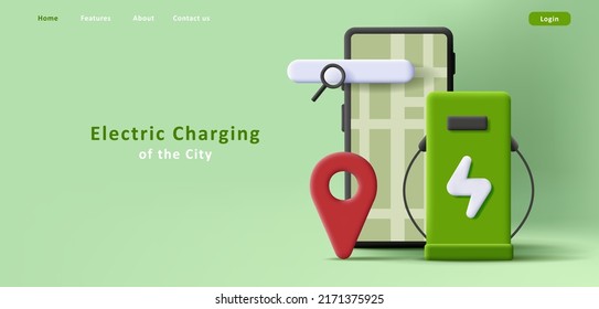 Electric charging point application, search on map for charger, smartphone 3d illustration. Vector illustration svg