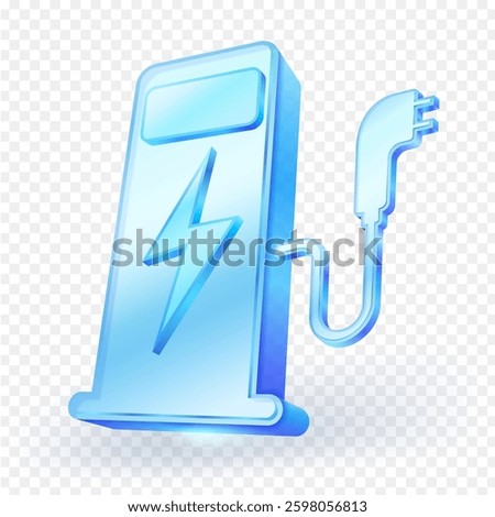 Electric charging point station icon made of transparent glass material. 3D Vector illustration.