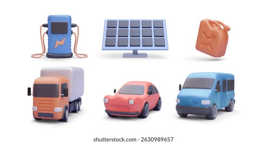 Electric Charging, Solar Power, Eco Car, Delivery Truck, Gas Can And Clean Energy Vehicles In 3D Minimal Style. Sustainable Transport And Fuel Concept. Vector Illustration