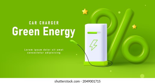 Electric charging station, 3d illustration of charging equipment with big green percent sign, advertising web banner