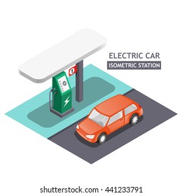 Electric Charging Station For Electric Car, Isometric Vector Design