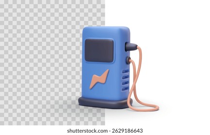 Electric Charging Station Icon, 3D Render in Cartoon Style, Clean Blue Design with Cable, Perfect for Mobility, Energy, or EV Themes, Vector Illustration