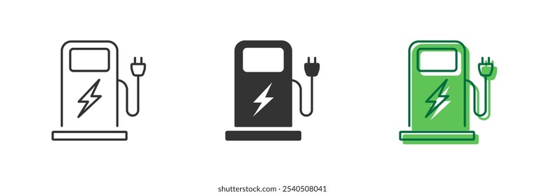 Línea de estación de carga eléctrica y conjunto de iconos de silueta. Puntos de carga EV con símbolo de potencia. Cargador con enchufe para el icono auto eléctrico. Trazo Editable. Ilustración vectorial aislada.