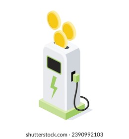 Estación de carga eléctrica, dinero. Vector 3d isométrico, iconos web de color, nuevo estilo plano. Idea de diseño creativo para infografías.