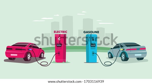 Electric charging station and petrol gas\
station against the background of the city. Energy conceptual\
Vector flat\
illustration.