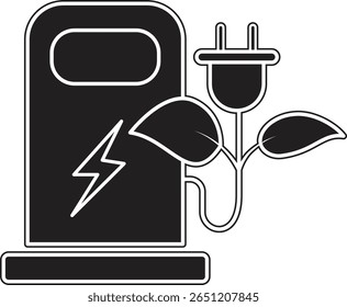Elektrische Ladestation mit Stecker und Blatt-Symbol für grüne Energie-Betankung und nachhaltigen Transport mit transparentem Hintergrund