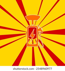 Electric charging station symbol on a background of red flash explosion radial lines. A large orange symbol is located in the center of the sunrise. Vector illustration on yellow background