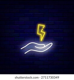 Electric charging. White hand with lightning neon icon. Alternative energy source. Special offer symbol. Bright pictogram. Editable stroke. Vector stock illustration