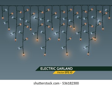 Electric Christmas tree garland. Festive colored lights glow. Vector illustration