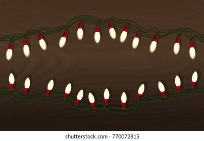 Electric Christmas tree garland on a wooden background. Glowing electric garland. Bright holiday lights. Realistic vector illustration