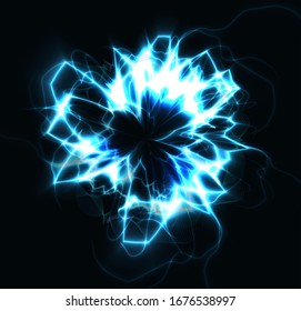 Electric circle blue round lightning energy explosion, shining fractal circle on black background, fireball flash magic ball vector illustration