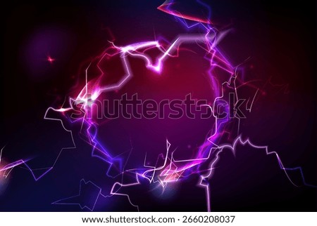 Electric circle with bolt light effects - glowing ring on dark background. Neon energy lightning strikes in circular pattern with vibrant purple and pink plasma. Power burst for futuristic design.
