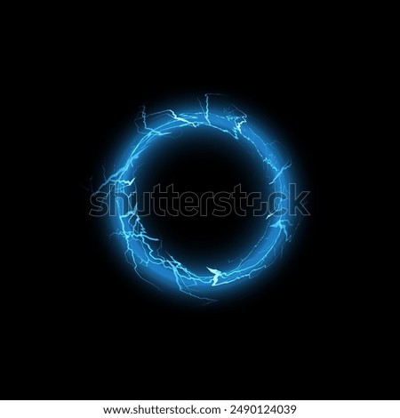 Electric circle with lightning. Vector illustration of a neon round frame in blue color with sparkling lightning bolts on a black background for design or games.