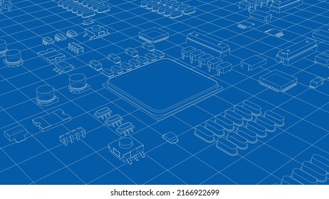 Electric circuit board, various chips and electronic components. Vector rendering of 3d. Wire-frame style. The layers of visible and invisible lines are separated