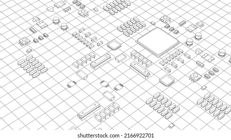 Electric circuit board, various chips and electronic components. Vector rendering of 3d. Wire-frame style. The layers of visible and invisible lines are separated