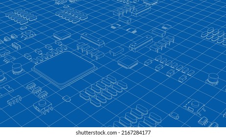Electric circuit board, various chips and electronic components. Vector rendering of 3d. Wire-frame style. The layers of visible and invisible lines are separated svg