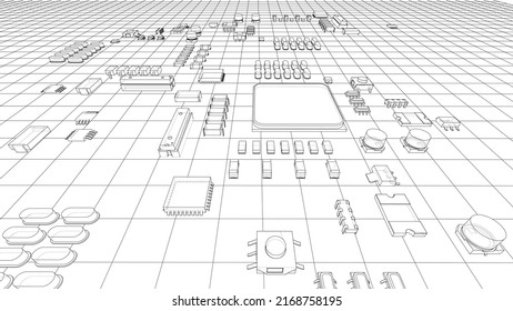 Electric circuit board, various chips and electronic components. Vector rendering of 3d. Wire-frame style. The layers of visible and invisible lines are separated
