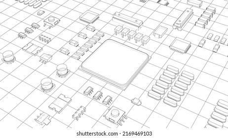 Electric circuit board, various chips and electronic components. Vector rendering of 3d. Wire-frame style. The layers of visible and invisible lines are separated