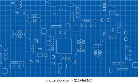 Electric circuit board, various chips and electronic components. Vector rendering of 3d. Wire-frame style. The layers of visible and invisible lines are separated