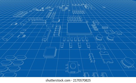Electric circuit board, various chips and electronic components. Vector rendering of 3d. Wire-frame style. The layers of visible and invisible lines are separated
