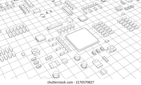 Electric circuit board, various chips and electronic components. Vector rendering of 3d. Wire-frame style. The layers of visible and invisible lines are separated