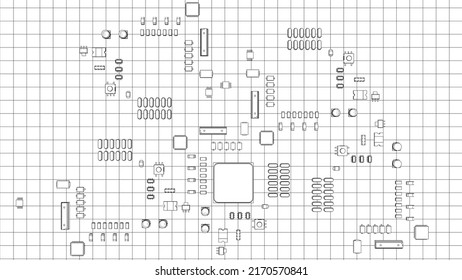 Electric circuit board, various chips and electronic components. Vector rendering of 3d. Wire-frame style. The layers of visible and invisible lines are separated