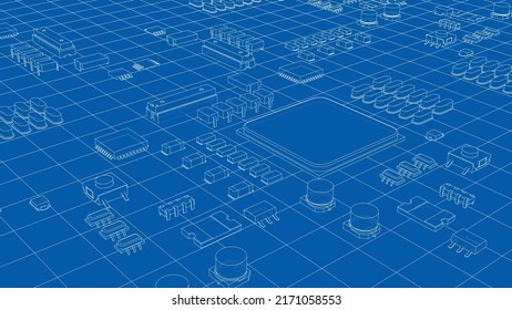 Electric circuit board, various chips and electronic components. Vector rendering of 3d. Wire-frame style. The layers of visible and invisible lines are separated svg