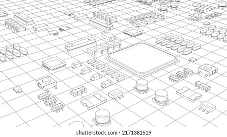 Electric circuit board, various chips and electronic components. Vector rendering of 3d. Wire-frame style. The layers of visible and invisible lines are separated