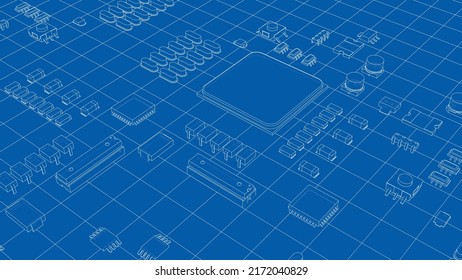 Electric circuit board, various chips and electronic components. Outline drawing or sketch of CPU on circuit board. Vector rendering of 3d. The layers of visible and invisible lines are separated