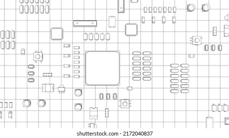 Electric circuit board, various chips and electronic components. Outline drawing or sketch of CPU on circuit board. Vector rendering of 3d