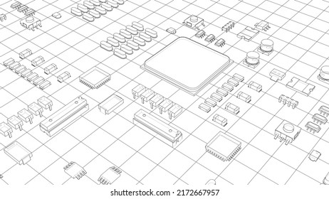 Electric circuit board, various chips and electronic components. Vector rendering of 3d. Wire-frame style. The layers of visible and invisible lines are separated