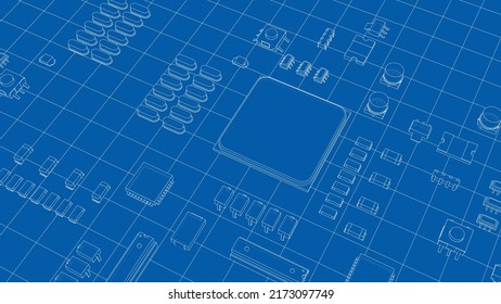 Electric circuit board, various chips and electronic components. Vector rendering of 3d. Wire-frame style. The layers of visible and invisible lines are separated