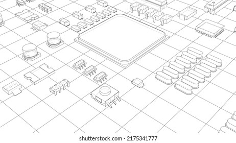 Electric circuit board, various chips and electronic components. Vector rendering of 3d. Wire-frame style. The layers of visible and invisible lines are separated