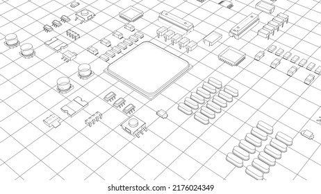 Electric circuit board, various chips and electronic components. Vector rendering of 3d. Wire-frame style. The layers of visible and invisible lines are separated