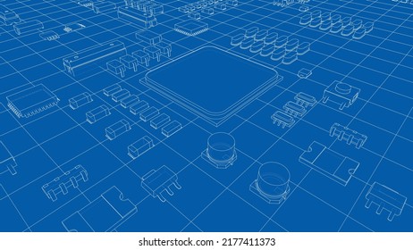 Electric circuit board, various chips and electronic components. Vector rendering of 3d. Wire-frame style. The layers of visible and invisible lines are separated