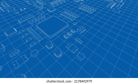 Electric circuit board, various chips and electronic components. Vector rendering of 3d. Wire-frame style. The layers of visible and invisible lines are separated