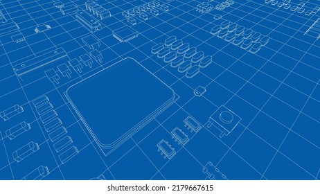 Elektrische Schaltung, verschiedene Chips und elektronische Komponenten. Vektorgrafik von 3d. Wire-Frame-Stil. Die Schichten sichtbarer und unsichtbarer Linien sind getrennt