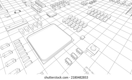 Tarjeta de circuito eléctrico, varios chips y componentes electrónicos. Representación vectorial de 3d. Estilo de marco de cables. Las capas de líneas visibles e invisibles están separadas
