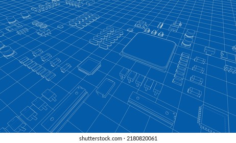 Tarjeta de circuito eléctrico, varios chips y componentes electrónicos. Representación vectorial de 3d. Estilo de marco de cables. Las capas de líneas visibles e invisibles están separadas