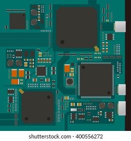 Electric Circuit Board, Various IC Chips And Electronic Components, Vector Illustration