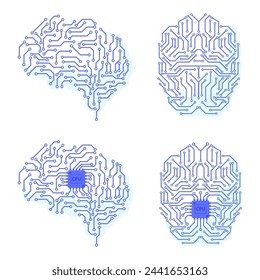 Elektrischer Schaltkreis Gehirn. Gehirne Synapsen Elektronen Mikrochip-Schaltkreis-Leitung, Strom digitale Kommunikation Künstliche Intelligenz Komplex Konzept nette Vektor-Illustration des Gehirn-Schaltkreis