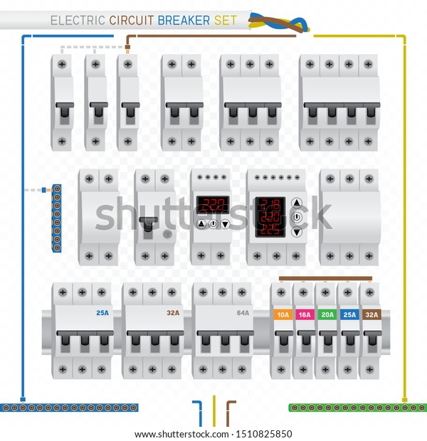 Electric circuit breaker switch box set on\
white transparent background. Electrician fuse protection designer\
constructor template, draw wiring diagram, leave necessary and\
delete unnecessary