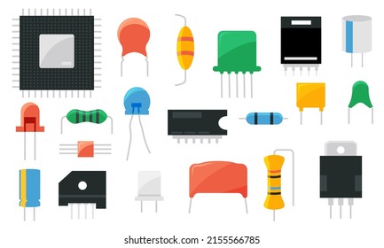 Electric circuit component. Capacitor transistor resistor conductor semiconductor electronic parts. Vector electric hardware element isolated set of equipment for computer integrated illustration