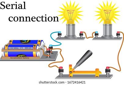 Circuito eléctrico compuesto por bombillas de luz conectadas en serie, fuente de corriente eléctrica, conductores, interruptor