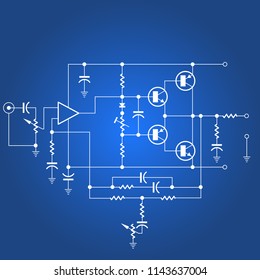 Electric circuit or electrical network on blue background