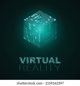 Electric Circuit Isometric Cube Symbol For Virtual Reality Background. Artificial Intelligence Abstract Wallpaper. Cryptography And Blockchain Design Element And Sample Text